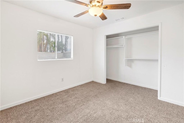 42397 Santiago Dr, Hemet, CA 92544 - unfurnished bedroom featuring visible vents, a ceiling fan, carpet floors, a closet, and baseboards