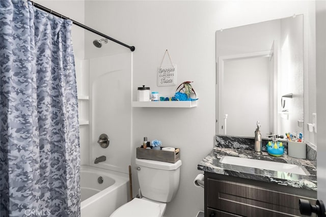 bathroom featuring shower / bath combination with curtain, vanity, and toilet