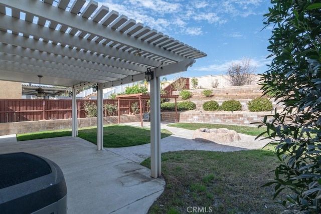 view of patio / terrace featuring central air condition unit, fence, and a pergola