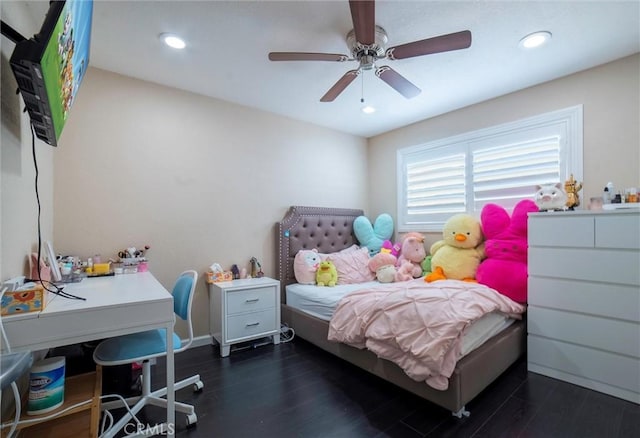 bedroom with recessed lighting, wood finished floors, and a ceiling fan