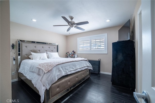 bedroom featuring ceiling fan, baseboards, dark wood finished floors, and recessed lighting