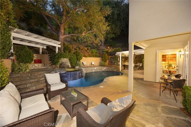 view of swimming pool with a fenced in pool, a patio, a fenced backyard, outdoor lounge area, and a pergola