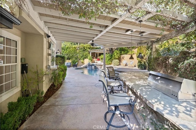 view of patio with exterior kitchen, an outdoor pool, ceiling fan, and a pergola