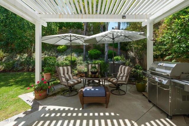 view of patio featuring outdoor dining area, a grill, and a pergola