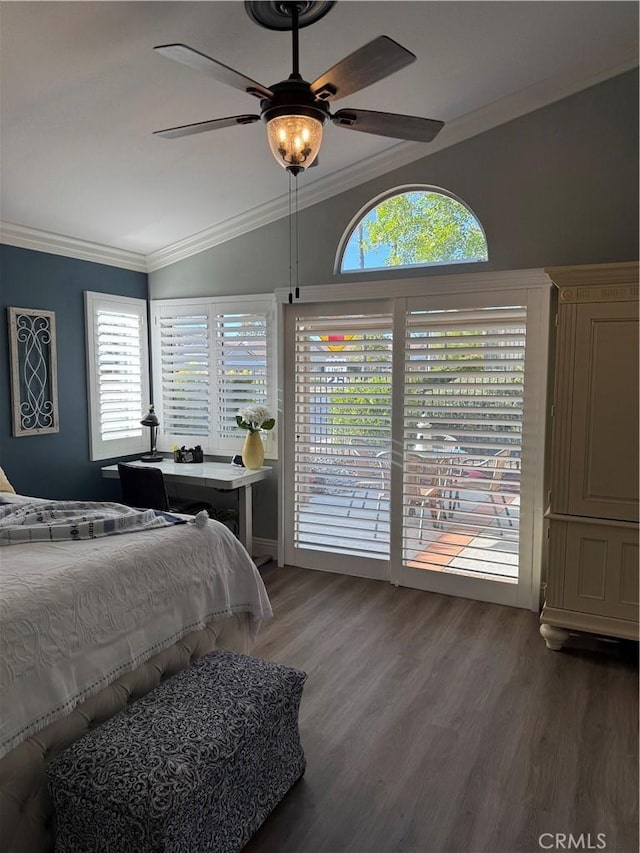 bedroom featuring access to exterior, ornamental molding, vaulted ceiling, and wood finished floors