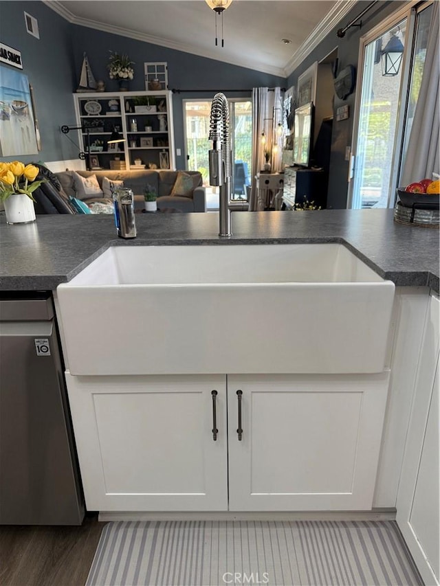 kitchen with dark countertops, a wealth of natural light, and dishwasher