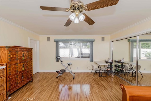 workout area featuring crown molding, baseboards, and wood finished floors