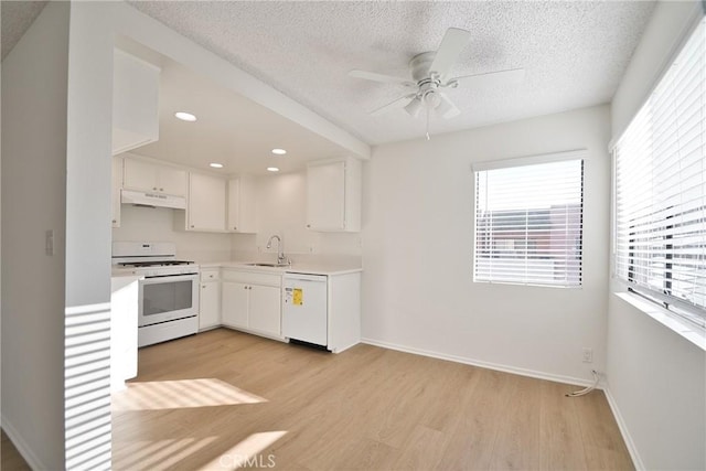 kitchen featuring under cabinet range hood, white appliances, a sink, light countertops, and light wood finished floors