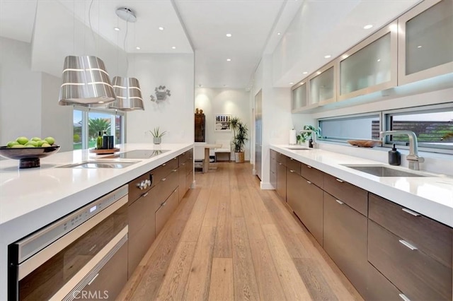 kitchen with light wood-type flooring, a sink, dishwashing machine, and modern cabinets