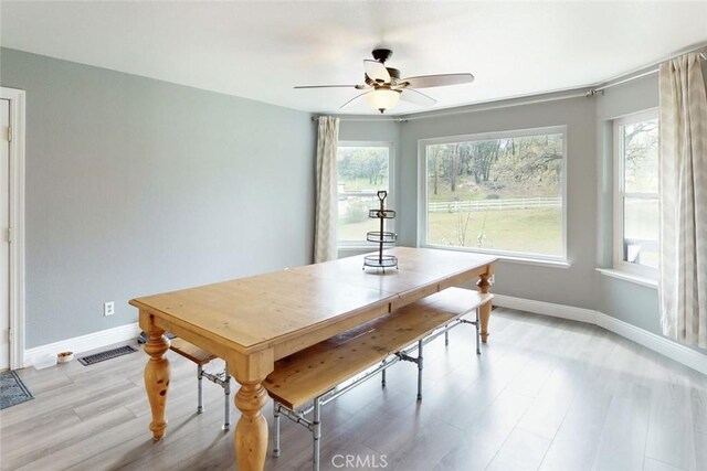 dining area featuring light wood-type flooring, visible vents, ceiling fan, and baseboards