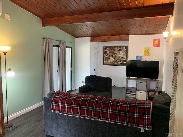 living room with dark wood-style flooring, wooden ceiling, and baseboards