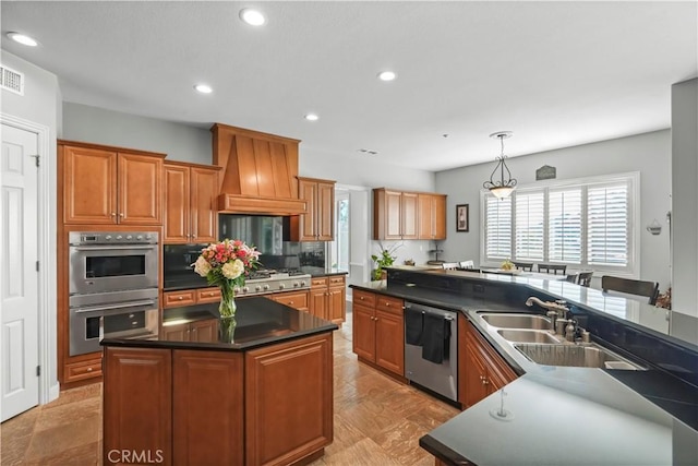 12364 Palmer Dr, Moorpark, CA 93021 - kitchen featuring visible vents, dark countertops, premium range hood, a sink, and appliances with stainless steel finishes