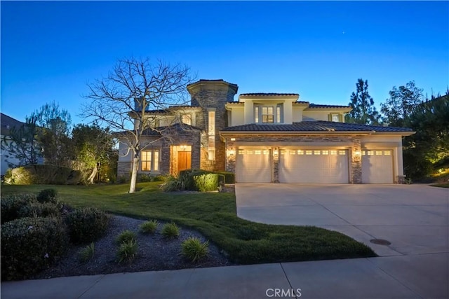 12364 Palmer Dr, Moorpark, CA 93021 - view of front of house with a front yard, driveway, a tile roof, and stone siding