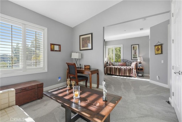 12364 Palmer Dr, Moorpark, CA 93021 - carpeted living room featuring baseboards and vaulted ceiling