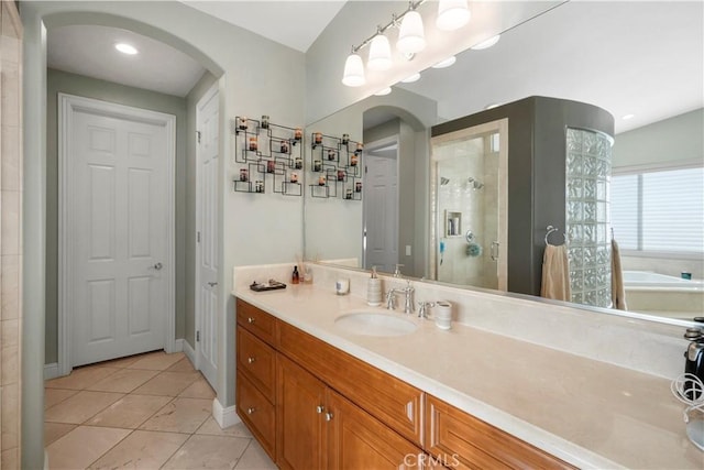 12364 Palmer Dr, Moorpark, CA 93021 - bathroom with baseboards, a shower stall, tile patterned flooring, and vanity