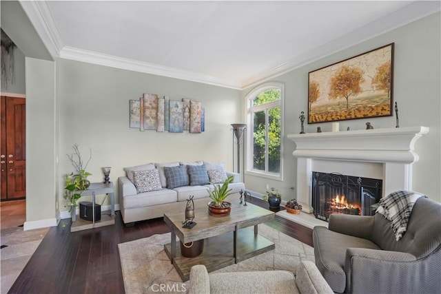 12364 Palmer Dr, Moorpark, CA 93021 - living area with crown molding, baseboards, wood-type flooring, and a warm lit fireplace
