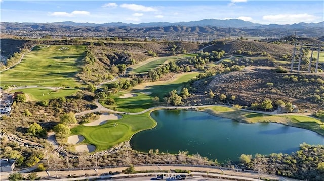 aerial view featuring a water and mountain view and golf course view