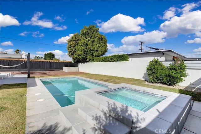 view of pool featuring an in ground hot tub, a patio, a fenced backyard, and a fenced in pool