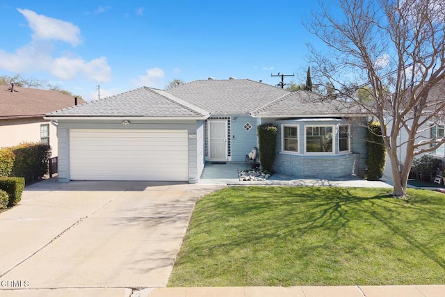 ranch-style house with an attached garage, stone siding, concrete driveway, roof with shingles, and a front lawn