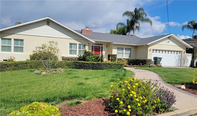 ranch-style home with a front lawn, stucco siding, an attached garage, and a chimney