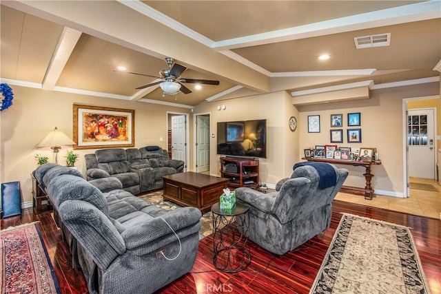 929 E Foothill Unit 161, Upland, CA 91786 - living area featuring vaulted ceiling with beams, visible vents, ornamental molding, wood finished floors, and baseboards