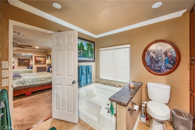 929 E Foothill Unit 161, Upland, CA 91786 - bathroom with visible vents, connected bathroom, toilet, crown molding, and a bath