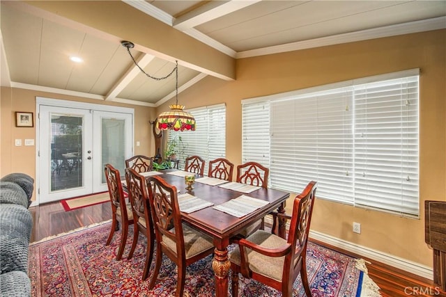 929 E Foothill Unit 161, Upland, CA 91786 - dining space with vaulted ceiling with beams, baseboards, wood finished floors, and french doors
