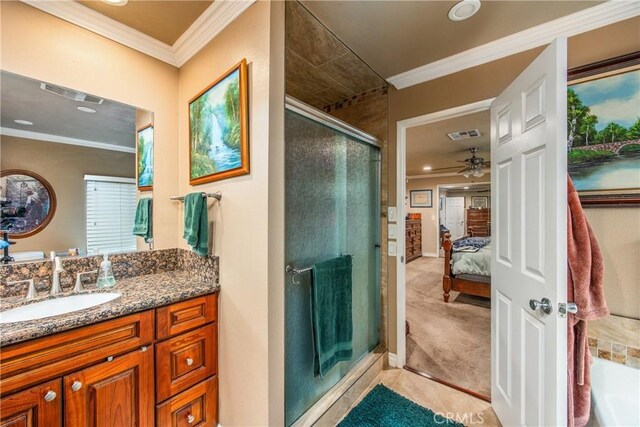 929 E Foothill Unit 161, Upland, CA 91786 - full bath featuring a stall shower, visible vents, connected bathroom, crown molding, and vanity