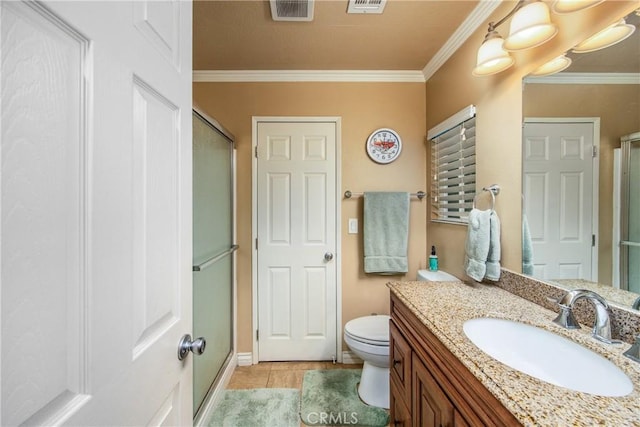 929 E Foothill Unit 161, Upland, CA 91786 - bathroom with ornamental molding, a stall shower, visible vents, and vanity