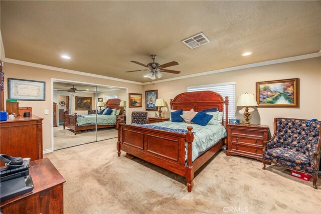 929 E Foothill Unit 161, Upland, CA 91786 - bedroom featuring recessed lighting, visible vents, ornamental molding, light carpet, and ceiling fan