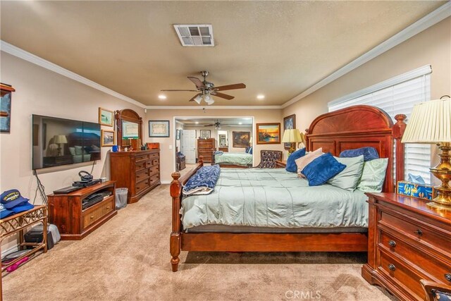 929 E Foothill Unit 161, Upland, CA 91786 - carpeted bedroom with ceiling fan, ornamental molding, visible vents, and recessed lighting