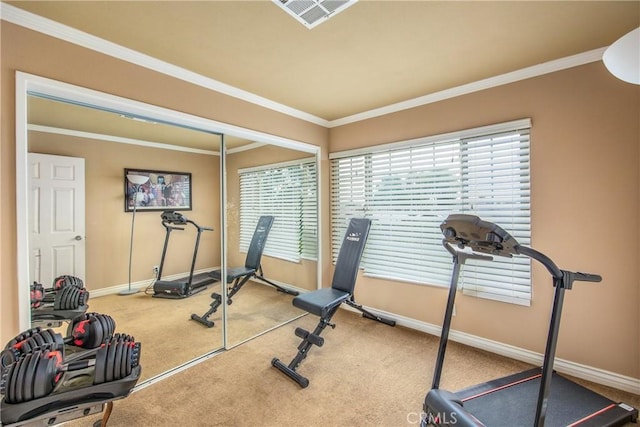 929 E Foothill Unit 161, Upland, CA 91786 - workout area featuring ornamental molding, carpet, visible vents, and baseboards