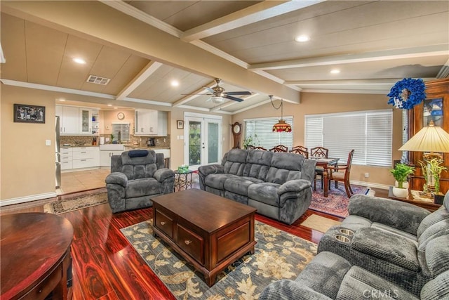 929 E Foothill Unit 161, Upland, CA 91786 - living area featuring lofted ceiling with beams, wood finished floors, visible vents, and baseboards