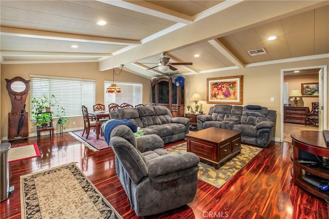 929 E Foothill Unit 161, Upland, CA 91786 - living room with vaulted ceiling with beams, dark wood-type flooring, visible vents, and baseboards