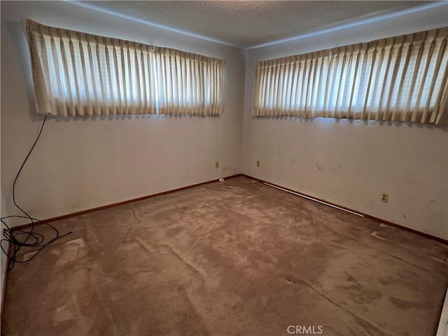 empty room with carpet floors, baseboards, and a textured ceiling