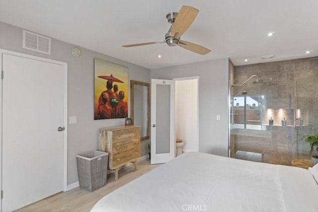 bedroom featuring recessed lighting, visible vents, a ceiling fan, connected bathroom, and wood finished floors