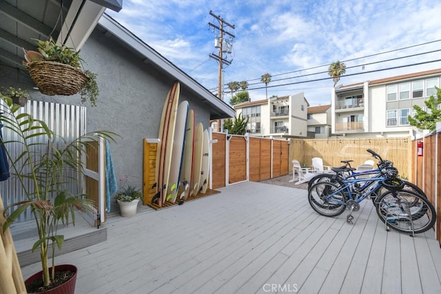 wooden deck with a fenced backyard