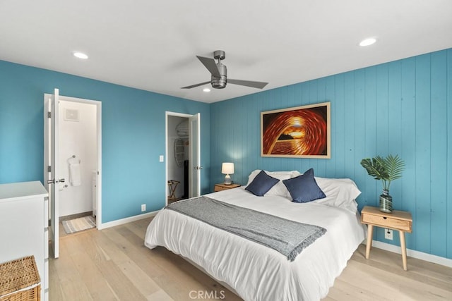 bedroom with ceiling fan, recessed lighting, light wood-style flooring, and baseboards