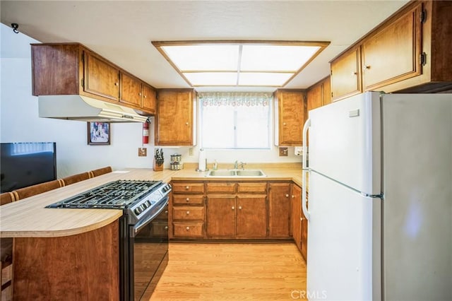 kitchen with under cabinet range hood, a sink, freestanding refrigerator, a peninsula, and black range with gas cooktop