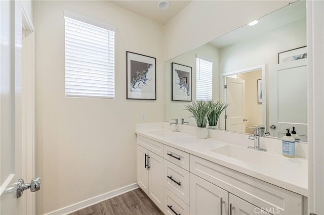 full bathroom featuring double vanity, wood finished floors, baseboards, and a sink