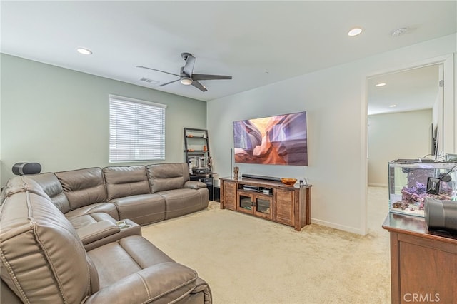 living room with recessed lighting, light colored carpet, visible vents, and ceiling fan