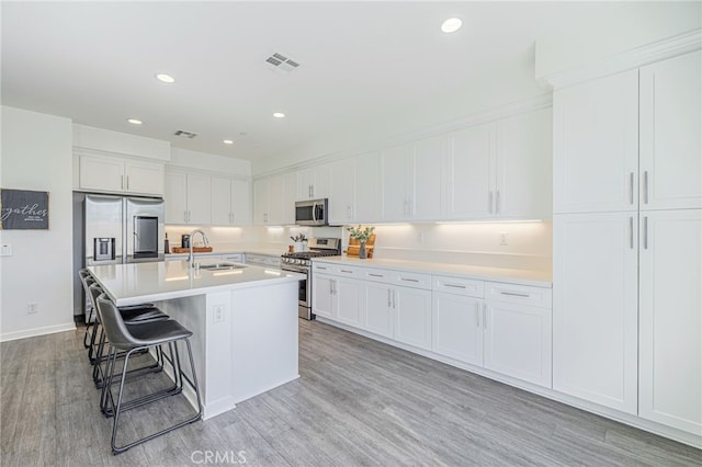 kitchen with a breakfast bar area, visible vents, a sink, white cabinets, and appliances with stainless steel finishes