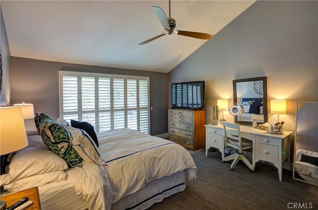 carpeted bedroom with vaulted ceiling and ceiling fan