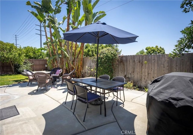 view of patio / terrace featuring outdoor dining space, a fenced backyard, and grilling area