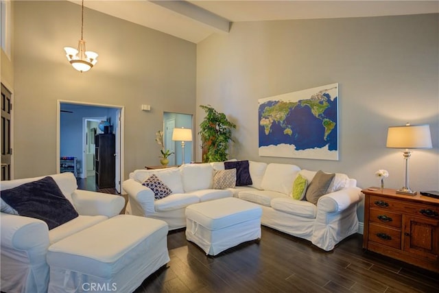 living room with dark wood-style floors, high vaulted ceiling, and beamed ceiling