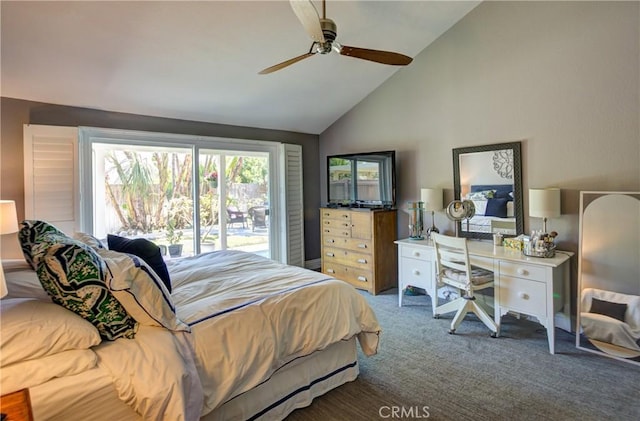 bedroom featuring carpet floors, ceiling fan, and high vaulted ceiling