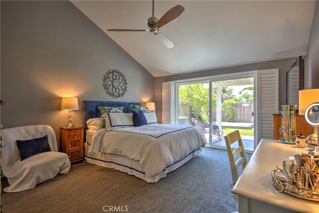 bedroom featuring access to exterior, carpet, ceiling fan, and high vaulted ceiling