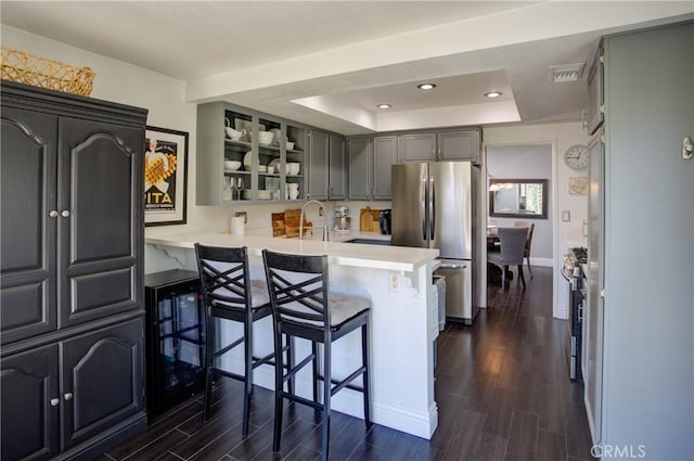 kitchen with stainless steel appliances, a tray ceiling, dark wood-type flooring, and a peninsula