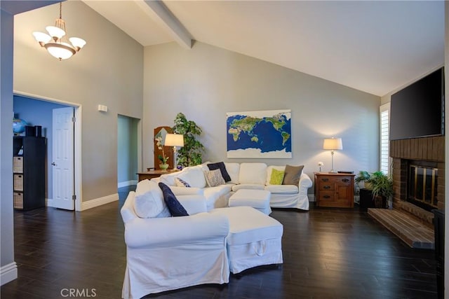 living room featuring a notable chandelier, a fireplace, wood finished floors, baseboards, and beam ceiling