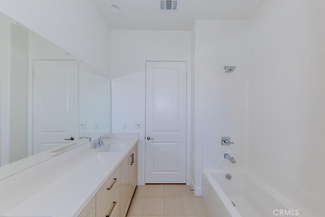 bathroom featuring tile patterned floors, shower / tub combination, visible vents, and vanity